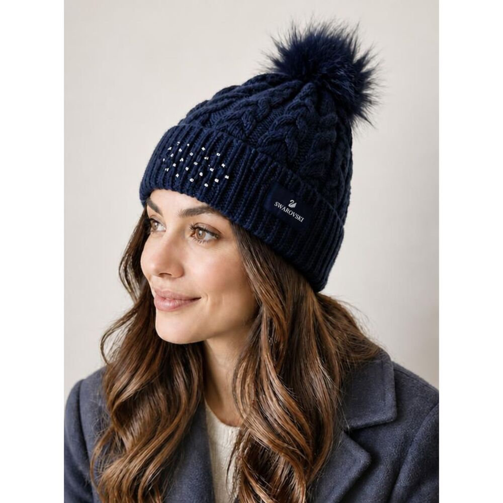 Swarovski Womens Embellished Ribbed Navy Blue Pom Pom Beanie Fall Winter Hat